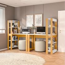 Conjunto com 2 Mesas Escrivaninhas com Estante e Licce 4 Prateleiras 120cm Branco E Freijó