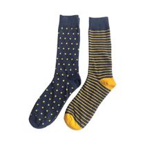 Conjunto com 2 Pares de Meias Sociais Masculina Azul e Amarelo Estampada Poá Listra Tam 39-44 Basic+
