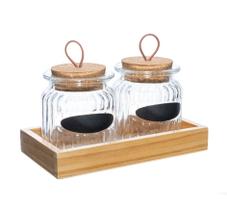 Conjunto com 2 Porta Mantimentos em Vidro com Tampa Rolha e Suporte em Madeira 260ml - Lyor