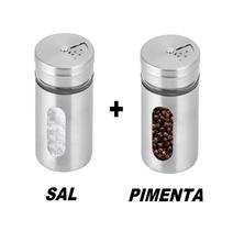 Conjunto com 2 Unidades Saleiro/Pimenteiro em Aço Inox e Vidro Cozinha Moderna