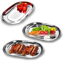 Conjunto com 3 Baixela Oval de 30cm Bandeja em Aço Inox Travessa Servir Porções Restaurante Buffet