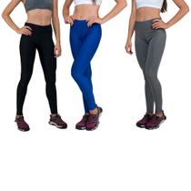 Conjunto com 3 Calças Legging Fitnes Suplex Lisa Cintura Alta Azul Bic, Cinza e Preta Conjunto com 3 Calças Legging Fitnes Suplex Lisa Cintura Alta Azul Bic, Cinza e Preta