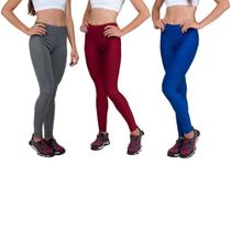Conjunto com 3 Calças Legging Fitnes Suplex Lisa Cintura Alta Azul Bic, Cinza e Vermelha Conjunto com 3 Calças Legging Fitnes Suplex Lisa Cintura Alta Azul Bic, Cinza e Vermelha