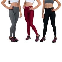 Conjunto com 3 Calças Legging Fitnes Suplex Lisa Cintura Alta Cinza, Vermelha e Preta