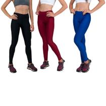 Conjunto com 3 Calças Legging Fitnes Suplex Lisa Cintura Alta Preta, Vermelha e Azul Bic