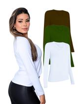 Conjunto Com 3 Camisetas Manga Longa Feminina Colorida