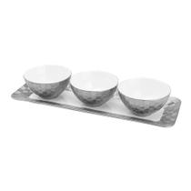 Conjunto com 3 petisqueiras porcelana e bandeja Vera silver 35x12x2cm