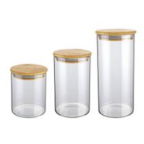 Conjunto com 3 Potes de Vidro transparente Slim com tampa Bambu, VDR6804-3, Euro Home