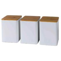 Conjunto Com 3 Potes Porta Condimento De Ferro Branco Com Tampa De Madeira Btc