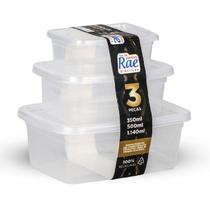 Conjunto com 3 Potes Retangulares em Plástico Transparente 350/500/1,140ml - Rae Conjunto com 3 Potes Retangulares em Plástico Transparente 350/500/1,140ml - Rae