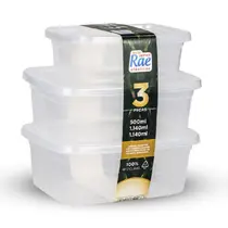 Conjunto com 3 Potes Retangulares em Plástico Transparente 500/1.140/1.140ml - Rae Conjunto com 3 Potes Retangulares em Plástico Transparente 500/1.140/1.140ml - Rae