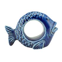 Conjunto com 4 anéis para guardanapos em cerâmica Peixe Ocean 8x6cm azul