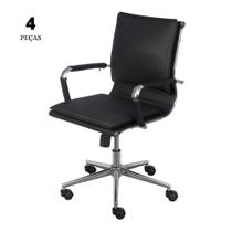Conjunto com 4 Cadeiras Office Soft Baixa Preta com Base Cromada Rodízio