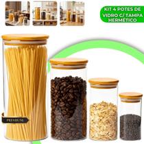 Conjunto com 4 Potes de Vidro Herméticos com Tampa de Bambu para Mantimentos e Cereais