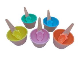 Conjunto com 5 potes plásticos para sobremesa/sorvete c/colher modelo casquinha de sorvete - Colors