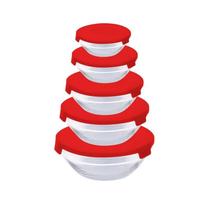 Conjunto com 5 Potes Redondo de Vidro Com Tampa Vermelha