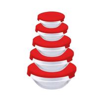 Conjunto Com 5 Potes Redondo De Vidro Com Tampa Vermelha Conjunto Com 5 Potes Redondo De Vidro Com Tampa Vermelha