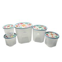 Conjunto com 5 potes Redondos Livre de BPA tampa Azul