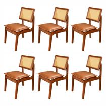 Conjunto com 6 Cadeiras de Madeira 100% Maciça Tauari e Rattan Natural com Assento Estofado Daren Li