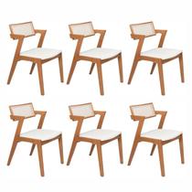 Conjunto com 6 Cadeiras Madeira Maciça com Rattan Natural e Estofada 81,5x53x57cm Verona