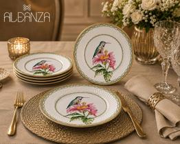Conjunto com 6 Pratos de Sobremesa Alleanza em Cerâmica Estampa Beija-Flor / Olivia Filete Ouro Conjunto com 6 Pratos de Sobremesa Alleanza em Cerâmica Estampa Beija-Flor / Olivia Filete Ouro