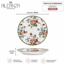 Conjunto com 6 Pratos de Sobremesa Alleanza em Cerâmica Floral Romantica 20cm