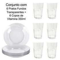 Conjunto com 6 pratos Fundos Transoparentes e 6 copos de Vitamina 350ml Conjunto com 6 pratos Fundos Transoparentes e 6 copos de Vitamina 350ml