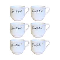Conjunto Com 6 Xícaras Hotel Empilháveis Gratidão Moderno Branca 170 ml