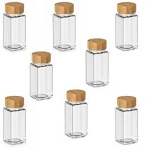 Conjunto com 8 Potes de Vidro 125ml Tampa Rosca de Bambu Vedação para Temperos Ervas Grãos Condimentos Organização Cozinha Armário Mesa Bancada