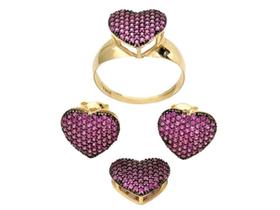 Conjunto Com Anel Brincos E Pingente, Em Ouro Amarelo 18K