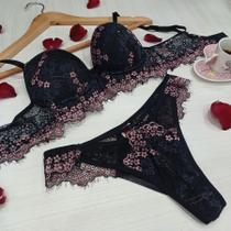 Conjunto com Bojo e Calcinha Fio Feminino Clamar em Tulle e Renda - 2221 Conjunto com Bojo e Calcinha Fio Feminino Clamar em Tulle e Renda - 2221