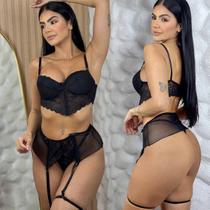 Conjunto Com Bojo Sensual Com Cinta Liga Tule e Renda Completo Conjunto Com Bojo Sensual Com Cinta Liga Tule e Renda Completo