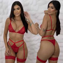 Conjunto Com Cinta Liga Sensual Sem Bojo Calcinha fio dental Rendado Sexy