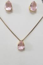 Conjunto Com Corrente E Brincos Pedra Cristal Rosa