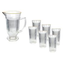 Conjunto Com Jarra E 6 Copos Em Vidro Lila - Borda Dourada