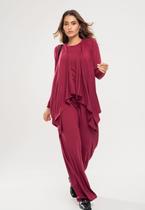 Conjunto Com Kimono, Blusa Manga Longa e Wide Leg Malha Vinho Salvatore