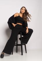 Conjunto Com Kimono, Cropped e Wide Leg Canelado Preto Salvatore
