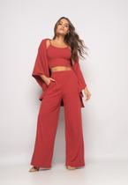 Conjunto Com Kimono, Cropped e Wide Leg Canelado Terra Salvatore