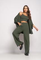 Conjunto Com Kimono, Cropped e Wide Leg Canelado Verde Salvatore Conjunto Com Kimono, Cropped e Wide Leg Canelado Verde Salvatore