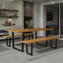 Conjunto com Mesa de Jantar Retangular e 2 Bancos em Ferro e Madeira Maciça Savannah Espresso Móveis