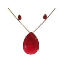Conjunto Com Pedra De Gota Vermelha Folheado A Ouro 18K Antialérgico - COLPRI335 - PRI Style Semijoias