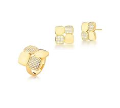 Conjunto com quadrados lisos e cravejados banhado a ouro