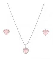 Conjunto Com Zircônia Rosa Leitosa Coração 6mm Prata 925