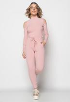 Conjunto Comfy Com Blusa Ombro Vazado M/L e Jogger Canelada Rosa Claro Salvatore