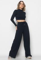 Conjunto Comfy Cropped Manga Longa e Calça Wide Leg Canelado Preto Salvatore Fashion