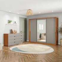 Conjunto Cômoda 8 Gavetas com Guarda Roupa 3 Portas Correr com Espelho Porto