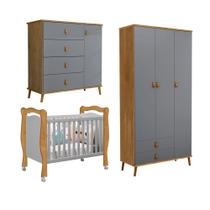 Conjunto Comoda e Roupeiro Jujuba Berço Alvin em Mdf Nature / Cinza