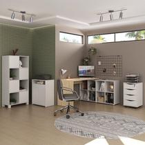 Conjunto Completo 4 Itens com Escrivaninha em L, Gaveteiro 4 Gavetas, Estante e Armário Multiuso Baixo Branco com Carvalho Conjunto Completo 4 Itens com Escrivaninha em L, Gaveteiro 4 Gavetas, Estante e Armário Multiuso Baixo Branco com Carvalho