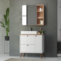 Conjunto completo de Banheiro MDF com Armário e Gabinete com Pés Com Espelheira e Cuba Madri 80cm