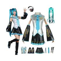 Conjunto Completo De Cosplay Miku Em Couro Prateado Com Acessórios De Cabeça, Fantasia De Uniforme